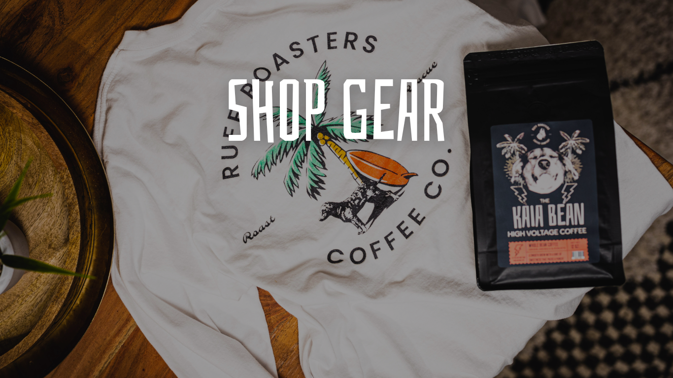 Text: Shop Gear. Image: A photo of a Ruff Roasters Long Sleeve Shirt and a Bag of Coffee